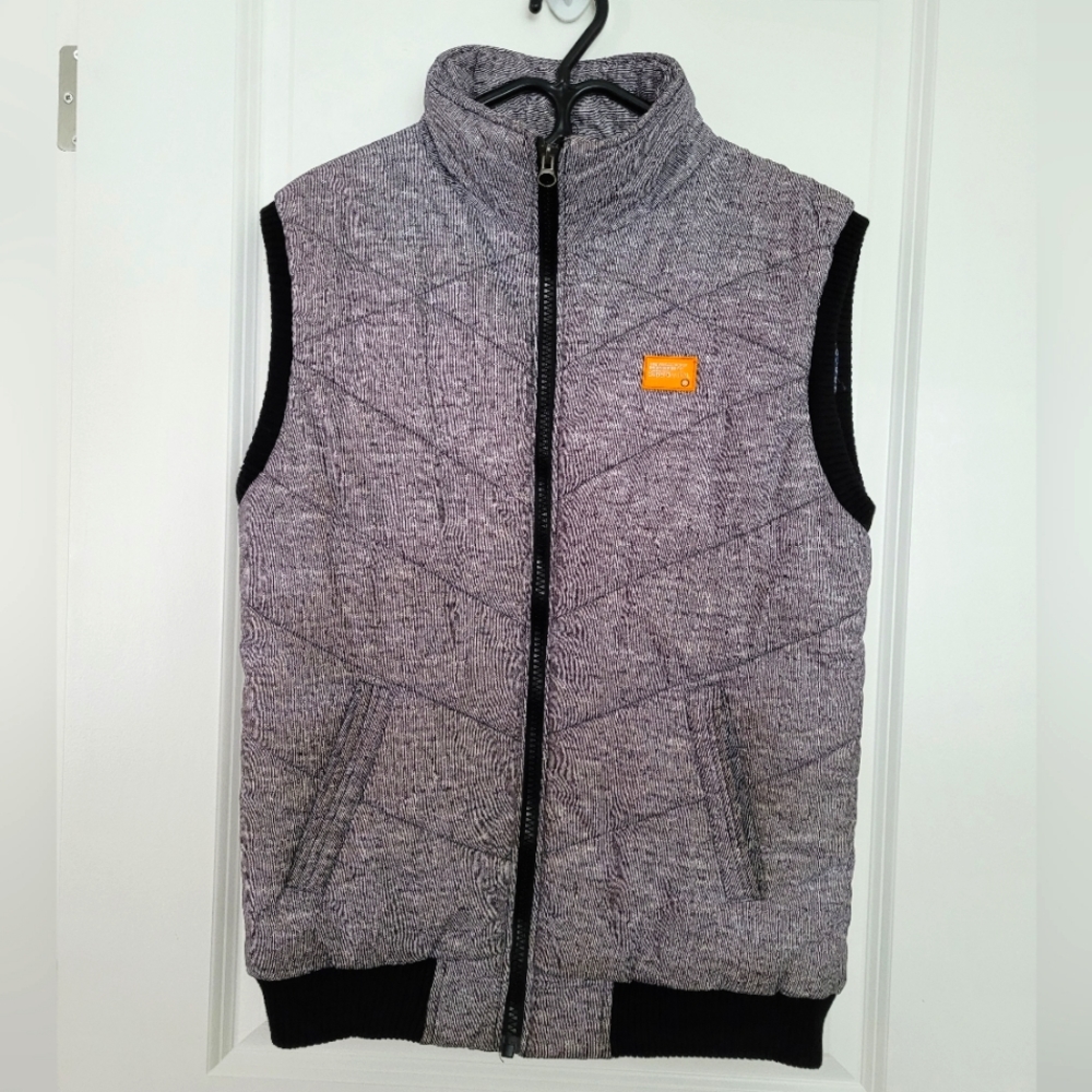 Superdry Gray Quilted Sleeveless Vest with Black Trim and Orange Logo Patch